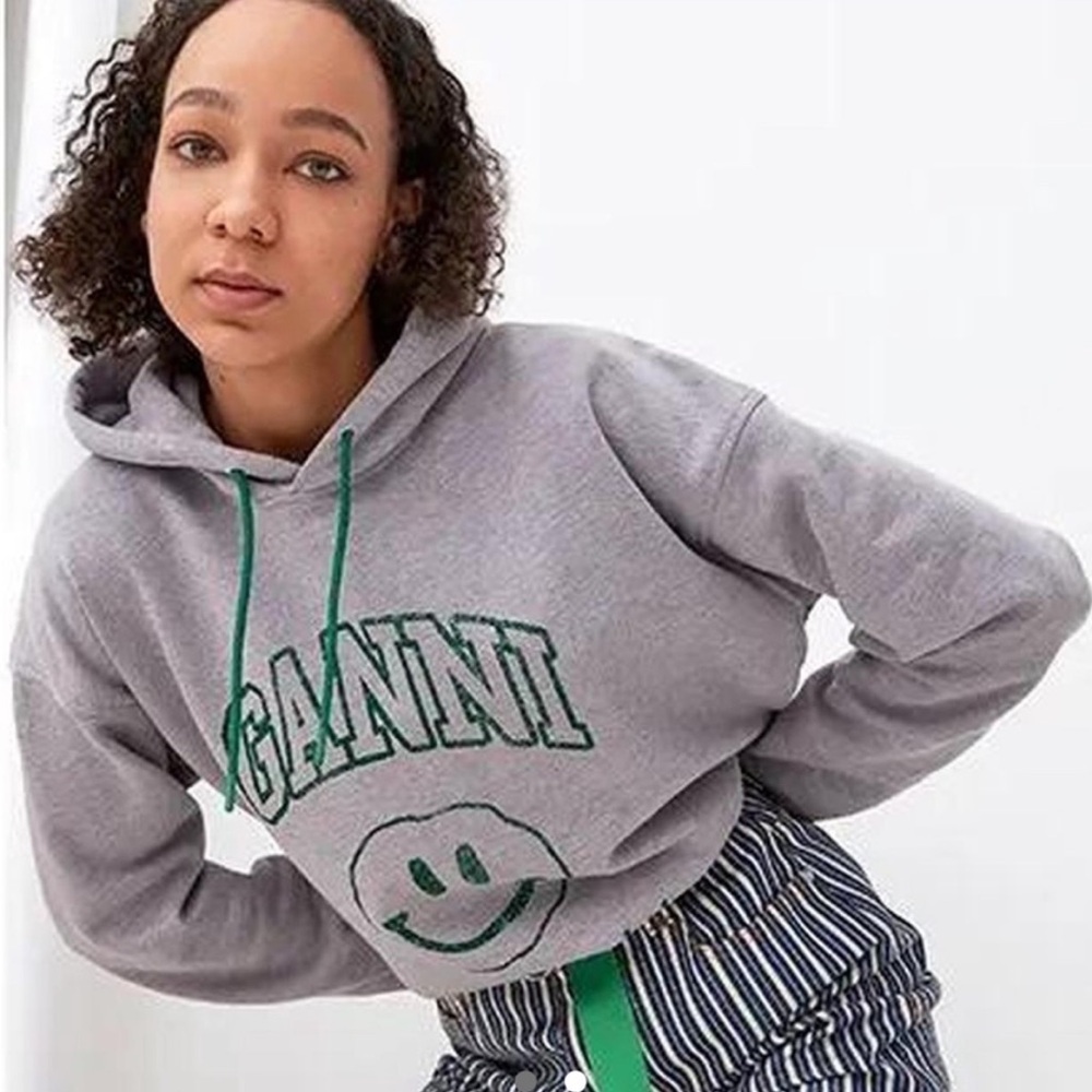 Ganni Women's Software Isoli Organic Cotton Graphic Hoodie (Grey)